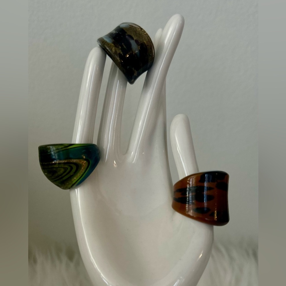 Set of Three Blown Glass Multicolor Statement Rings from Pier One Imports.